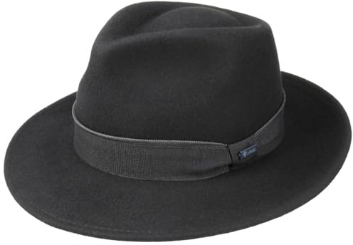 LIPODO Sombrero Bogart Contrast Double Ribbon Hombre - Made in Italy de Invierno Fieltro Lana con Banda Grosgrain otoño/Invierno - S (54-55 cm) Negro