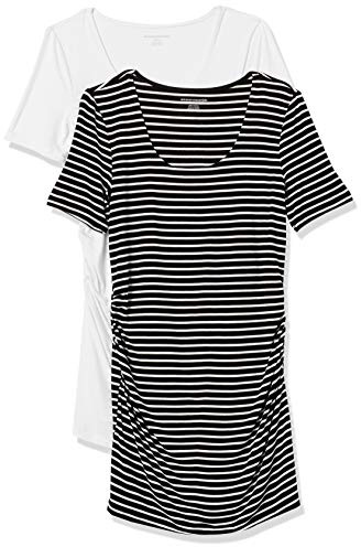 Amazon Essentials Damen Kurzärmeliges Umstands-T-Shirt mit U-Ausschnitt und Raffung, 2er-Pack, Schwarz Streifen/Weiß, S