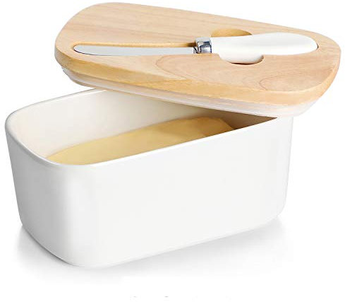 GDCZ Ceramics Butter Dish - Large Porcelain Butter Holder with Wooden Lid and Steel Knife(2 Sticks of Butter),White