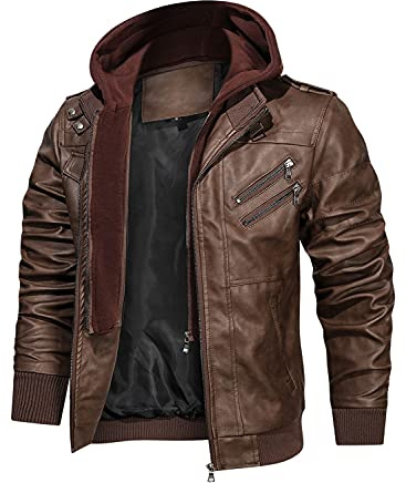 HOOD CREW Herren-Motorrad-Bomberjacke aus PU-Kunstleder mit abnehmbarer Kapuze, braun, M