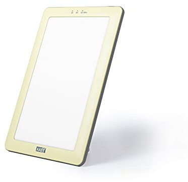 AABY Premium Daylight Therapy Lamp - Medically Certified Mood Light - UV & Flicker Free 10,000 Lux Bright White LED Light, w/3-Step Brightness & Timer Options - Fold-Out Stand Built-In (Yellow)