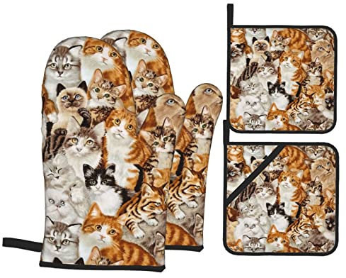 Lot de 4 maniques et maniques en forme de chat mignon - Gants chaleur antidérapantes et résistantes à la chaleur - Pour cuisine, pâtisserie, barbecue