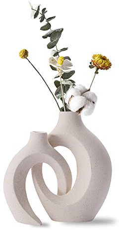 Keramik Vase Matt, 2er Set beige Vase Für Pampasgras, vasen deko, Vase Mit Loch Nordic Ring Form Moderne Wohnkultur für Haus Büro Deko Dekoration