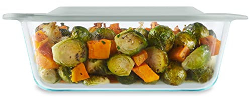Pyrex Deep Glass Baking Dish with Plastic Lid, Deep Casserole Dish, Glass Food Container, Oven, Freezer and Microwave Safe, Clear Container, 8x8