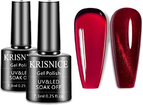 KRISNICE Jelly Red Burgundy Gel Polish Translucent Shades with,Red Cat Eye Polish Long-Lasting UV/LED Soak Off DIY Home Manicure Kit Best Gift for Women(Jelly burgundy)