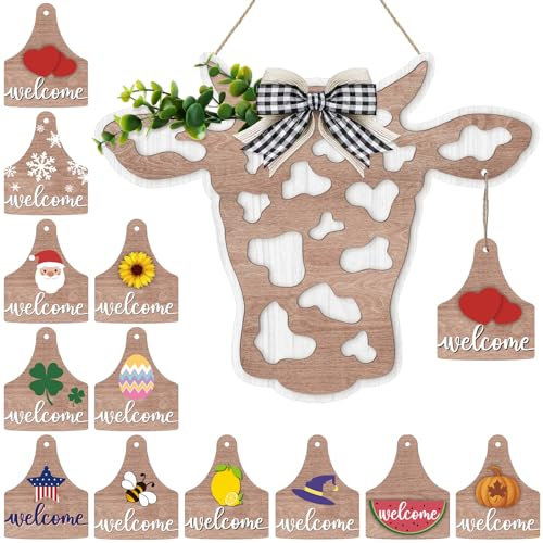 Maitys Kuhkopf-Türkranzschild, Weihnachtsdekoration, Willkommensaufhänger, rustikale Holzdekoration, Bauernhaus-Kuh-Dekor mit Büffelkaro-Schleife, künstliches Blatt für Haustür, 37 x 27,9 cm