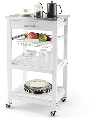 GOPLUS Desserte à roulettes 3 Niveaux, Chariot de Rangement à roulettes avec Panier Coulissant, Plateau Supérieur Amovible, Poignée Métallique Pratique, Idéal pour Cuisine, Salle de Bain (Blanc)