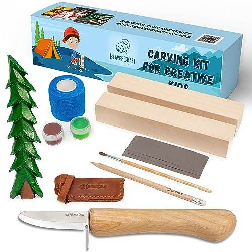 BeaverCraft Wood Carving Kit for Beginner DIY 08 - Whittling Kit for Kids - Wood Carving Tools Set Includes Chisel, Basswood Blocks - Hobby Gift