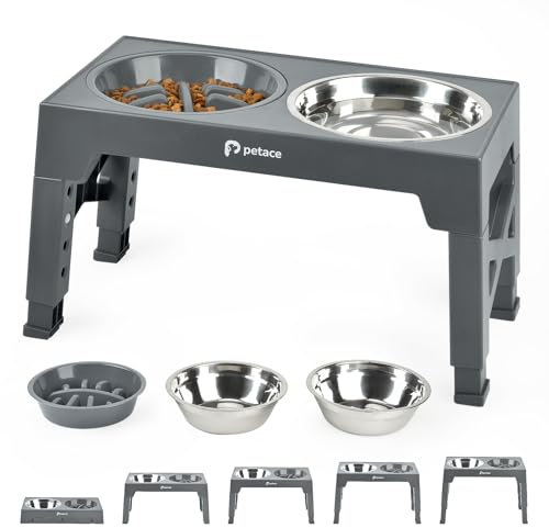 Petace Ciotole per Cani Rialzate con 5 Altezze Regolabile, 2 X 1200ml Ciotola in Acciaio e 1x 800ml Ciotola Anti Ingozzamento per Cani Piccolo, Medio e Grande, Grigio