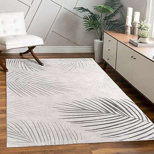 Paco Home Teppich Wohnzimmer Schlafzimmer Moderner Kurzflor glänzendes Palmen-Muster Florales Design Geometrisch Hoch-Tief-Effekt 3D, Grösse:120x160 cm, Farbe:Grau 2