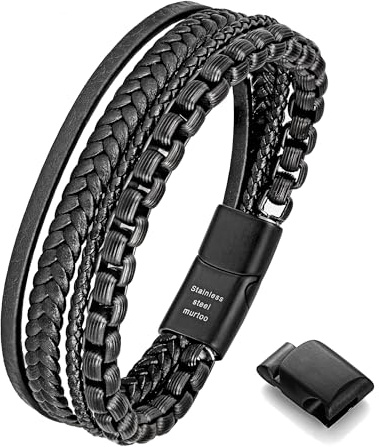 murtoo Herrarmband läderarmband för män brunt svart läder med rostfritt stål kedja armband för män gåva, 9.2''