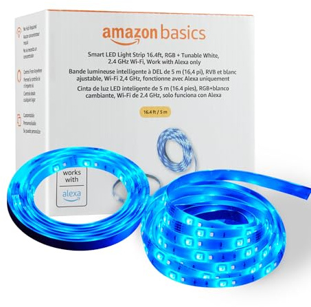 Amazon Basics Smart LED Light Strip, 16.4 Feet, RGB + Tunable White, Works with Alexa Only, 2.4 GHz Wi-Fi, No Hub Required