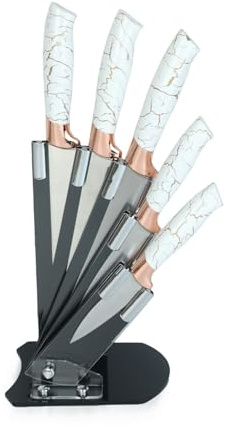 ROYALFORD Kitchen Knife Set 5 Piece Stainless Steel Knives Acrylic Stand | Chef Slicing Bread Utility & Paring Knife Set Sharp Blade Non-Slip Handle