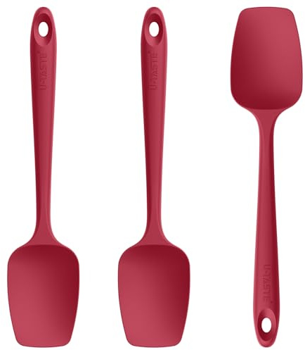 U-Taste Silicone Spoon Spatula Set of 3, 250℃ Heat Resistant, Red | Food Grade Flexible Rubber Scrambled Egg Spoonula, Cooking Baking Scraping Mixing Kitchen Utensils for Non Stick Pan Wok