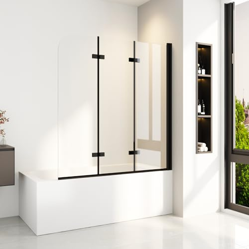 Duschwand für Badewanne 130 x 140 cm Schwarz 3-teilig Faltbar Badewannen Duschwand Duschabtrennung Badewanne aus 6mm ESG Sicherheitsglas mit NANO Beschichtung,Sicher und Zuverlässig