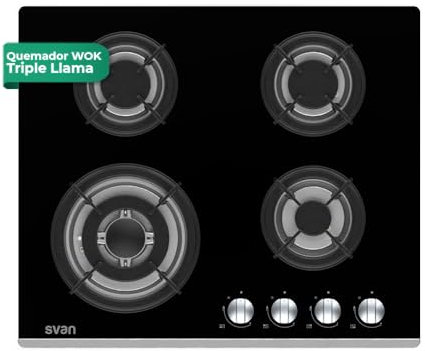Svan Encimera de Gas Cristal negro SGW4600N. Potencia máx. 7800 kW, 4 Quemadores, Quemador WOK triple llama, con Ignición Automática, Parrillas Forjadas, Incluye Kit de Conversión Gas Natural