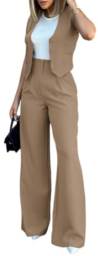 iSpchen Ensemble de vêtements pour Femme, Nouveau Costume de Gilet à la Mode, Pantalon Large décontracté pour Le Trajet au Bureau,Kaki,XL