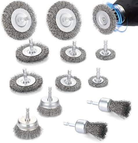 12pcs Wire Wheel Cup Brush Drill Set, 1/4 Inch Hex Shank Carbon Steel | Includes Assorted Shapes for Tight Tubes, Corners and Flat Surfaces, Suited to Rust, Paint and Corrosion Removal on Metal