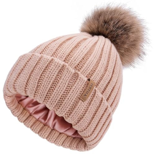 FURTALK Bonnets pour Femmes Bonnet tricoté doublé en Satin Pompon Amovible Doux au Toucher Bonnet d'hiver Respirant pour Filles