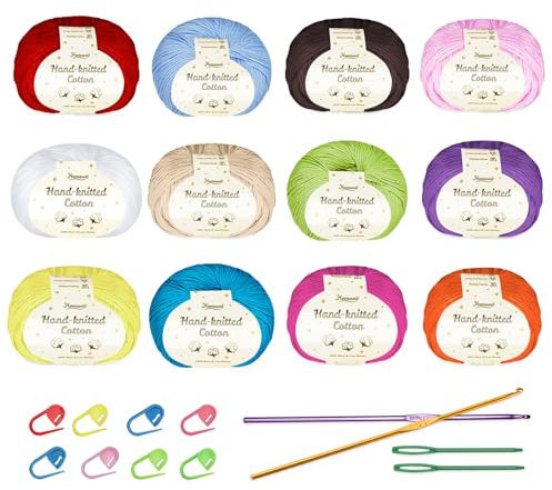 Homewit Häkelgarn 12 Farben x 50g Wolle zum Häkeln,100% Baumwollgarn zum Häkeln, Häkelwolle für Anfänger und Bastelbegeisterte