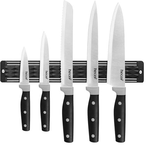 hecef 5-Piece Stainless Steel Knives Collection with 13″ Magnetic Holder – Professional Sharp Knife Set Featuring Triple-Riveted Black Handle for Meat & Vegetables