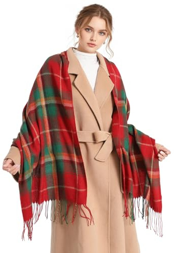 Miss Lulu Bufanda Mujer Invierno Caliente Mantas Cozy Pashmina Chal Grande Larga Tartán Enrejado Mantón (Rojo y Verde)