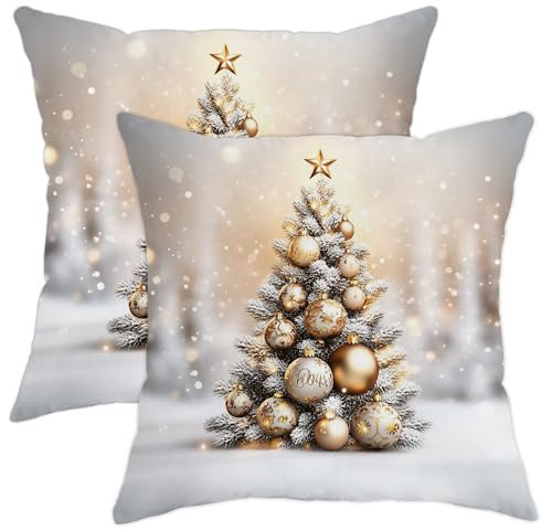Federa per cuscino con albero di Natale, oro e bianco, decorazione invernale per la casa, per divano, camera da letto, soggiorno, 40,6 x 40,6 cm