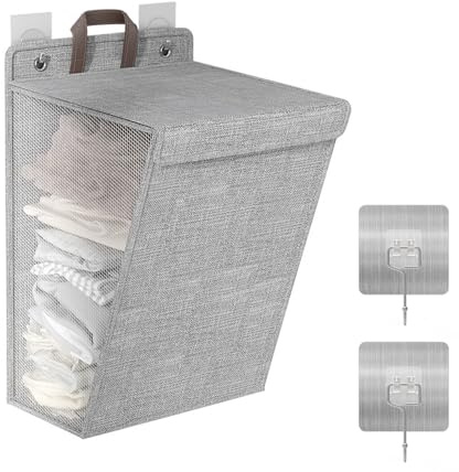 Wäschekorb Faltbar Wandmontage,Kaluofan Wäschekorb mit Deckel,Laundry Baskets mit Griff, Zusammenklappbare Aufbewahrung für Wäschekorb Schmal Mit Haken, Platzsparende Mehrzweckbehälter