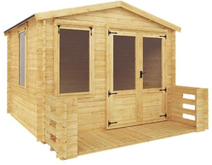 WALTONS Wooden Log Cabin 3.3m x 3.7m with Veranda | 19mm Interlocking Tongue & Groove Timber | Garden Room, Apex Roof | Durable Outdoor Cabin for Relaxation & Storage