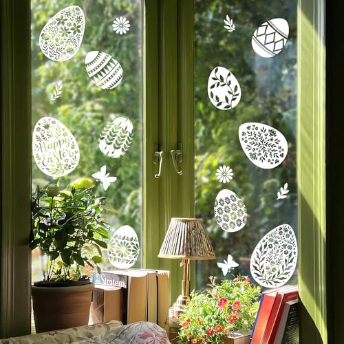 Alwayspon Doppelseitige, wiederverwendbare Oster-Fensteraufkleber, weiße Ostereier, Aquarell-Fensteraufkleber für Kinder, Zuhause, Geschäft, Dekoration und Frühlingsdekoration