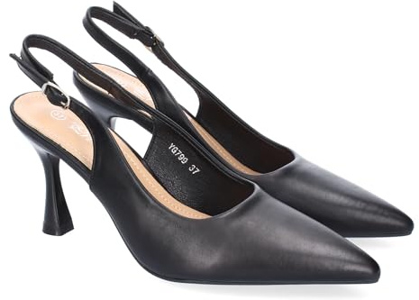 shoes&blues.es 89777 Zapato para Mujer, Estilo Salon, con Tacon, Puntera Fina, Talon Abierto y Hebilla Ajustable. Negro Talla 37