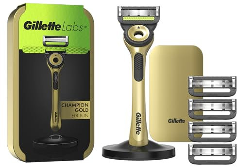 Gillette Labs Con Barra Integrata, Rasoio da Uomo, 1 Manico, 5 Lamette Di Ricambio, Con Base Magnetica, Edizione Dei Campioni, Oro, Rasoio Barba, Gillette Labs Lamette Di Ricambio
