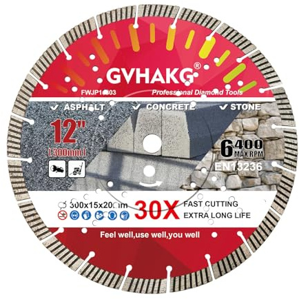 GVHAKG 300mm Diamond Concrete/Asphalt Cutting Disc with 15mm Segmented | 12'' Concrete Saw Blade for Dry/Wet Cutting Concrete Asphalt Masonry Brick Block Stone (300x15x20mm)