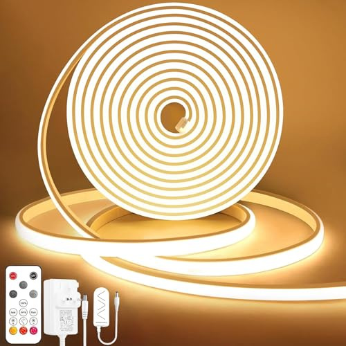 Lamomo COB LED Strip Light, 2M Warm White Dimmable Led Lights Strip with Remote, Flexible Waterproof Silicone Neon Rope Light for Bedroom, Kitchen, Outdoor, 3000K, 24V, CRI90+, UKCA Power Supply