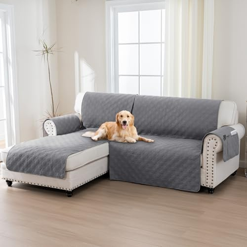 H.Versailtex 100% Waterproof Sofa Slipcovers for Sectional Sofa 2-Piece Corner Sofa Cover Sectional Couch Cover L Shaped, Seat Width 205CM (Left Chaise Lounge Cover+2 Seat Sofa Cover, Grey)