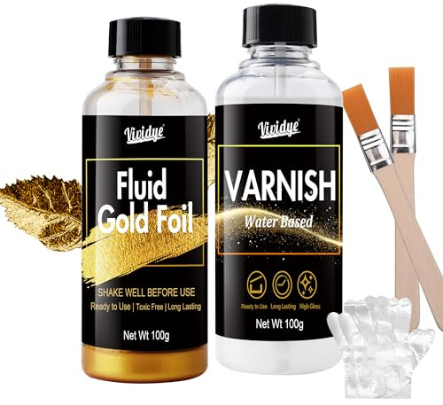 Pintura Acrilica Dorada, Kit de Pintura Líquida Dorada para Madera, Metal, Pintura Artística, Reparación de Muebles y Manualidades, 100ml de Pintura Doradas y 100ml de Barniz Brillante, A Base de Agua