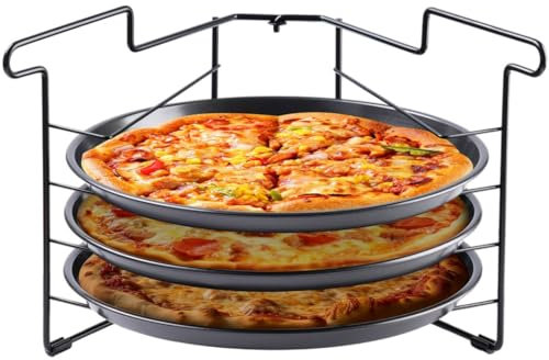 Pizzablech und Ständer Set für Ofen, 3 antihaftbeschichtete Pizzableche mit faltbarem Gestell, 29 cm Pfannen zum Backen von Kuchen, Braten von Huhn und mehr