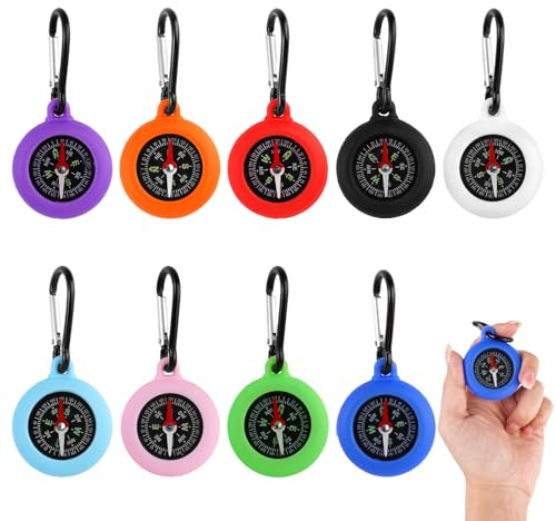 9 Stück Bunte Kompass Kinder, Tragbar Wasserdichter Mini Kompass mit Karabinerhaken, Multifunktionaler Kompass Schlüsselanhänger, Kompas Anhänger für Outdoor Ferienlager Camping Wandern Reisen