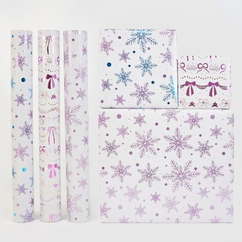 Christmas Wrapping Paper Roll,3 Rolls 43cm x 3m Xmas Gift Wrapping Paper,Metallic Wrap paper with Snowflake Xmas Tree Pattens for Christmas,Party,Festive Decorations (Pink Blue)