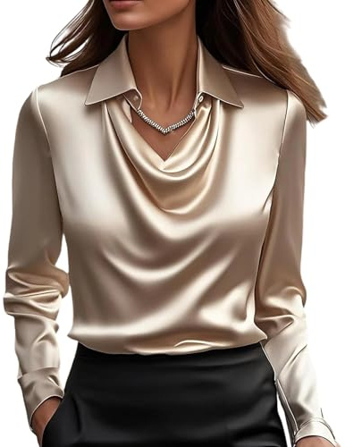 Chemises drapées à col bénitier sur le devant pour femmes, chemisiers décontractés en satin, chemisiers hauts tendance pour le bureau, les affaires, le bureau, la mode chemise pour femmes, champagne