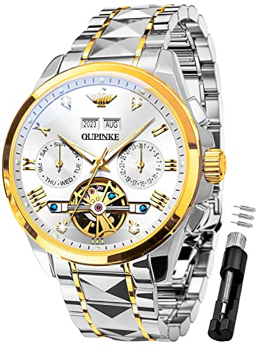 OUPINKE Montre Homme Mécanique Automatique Squelette Luxe Cristal Saphir Diamant Acier Tungstène Étanche Cadeau Affaires Blanc/doré Bracelet