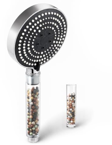 OFFO Duschkopf mit Filter, Handbrause mit 6 Strahlarten,13cm Duschkopf Groß mit Filtration in 20 Schichten, Wassersparend Duschbrause mit Kalkfilter, Grau-Chrom