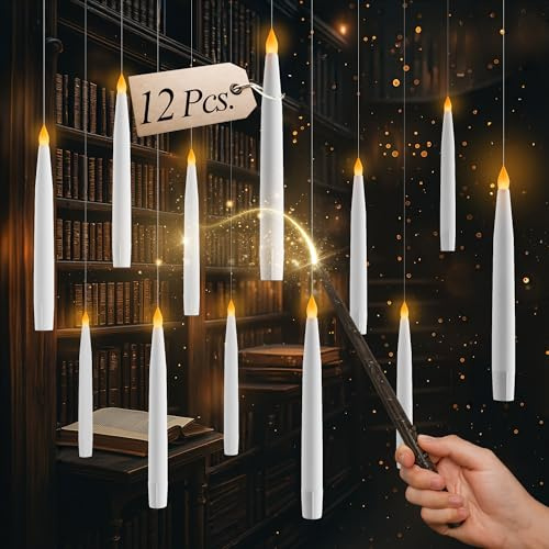 comforder Floating Candles with Magic Wand Remote & 6 h Timer – 12 Pack Hanging Flameless LED Flickering Candles – Battery Operated Ceiling Lights for Halloween, Wizard & Party Decor