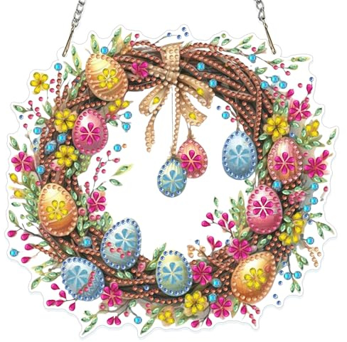 NAIMOER Kit colgante de corona de huevos para adultos, kit de pintura de diamantes de doble cara para colgar, kits de Pascua para adultos, adornos acrílicos de forma especial para ventana, hogar
