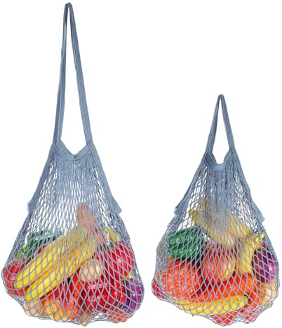 sourcing map 2 Pcs Reusable Mesh Produce Storage Bags Washable Net Portable Fruit and Vegetable Bag Cotton String with Long Short Handle for Grocery Shopping Storage Fruit Vegetable, Gray Blue