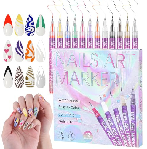 Lanjue 12 Pcs Nail Art Pen Set, 0.5 mm, Graffiti Drawing Pens for DIY Nails | 12 Colours, Fine Tip Control, Smooth Ink, Clean Line Work, for Home, Studio, Beginners, Women, Girls, Travel, Gifts