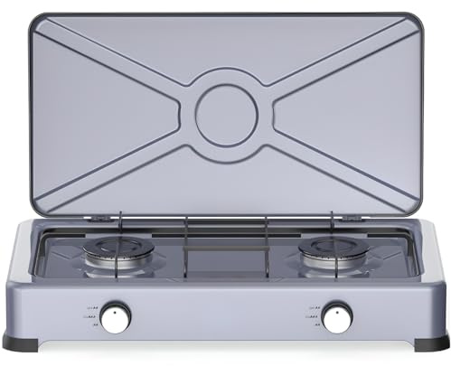 Fornello a gas portatile 2 fuochi per campeggio ed esterno, cucina in butano con coperchio, superficie smaltata facile da pulire, bruciatori durevoli, stabili e robusti per picnic, viaggi e uso