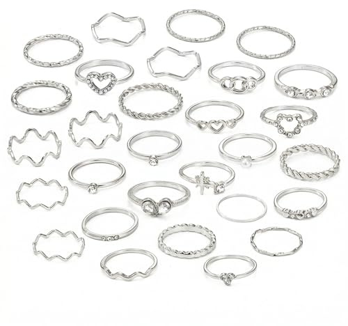 BCHMN 28tlg Ringe Damen Set Silber - Boho Vintage Knuckle Rings Stapelbar Midi Ringe Fingerringe Set für Frauen Mädchen Modeschmuck Geschenk