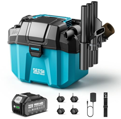Seesii Aspiradora Seco y Húmedo Inalámbrica, 10L, con Batería de 4 Ah, Filtro HEPA, Correa, 4 Ruedas y Accesorios, Ideal para Garaje, Coche, Taller y Hogar