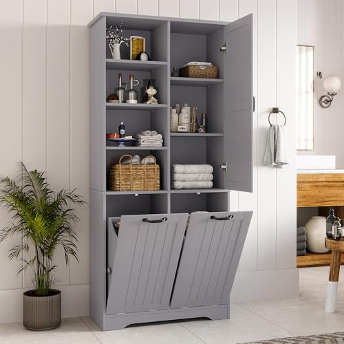 Zepneiy Meuble Salle de Bain avec 2 Panier à Linge, Armoire Salle de Bain avec 4 Compartiments Ouverts et étagères réglables, Meuble de Rangement en MDF, Gris 78x35x172 cm